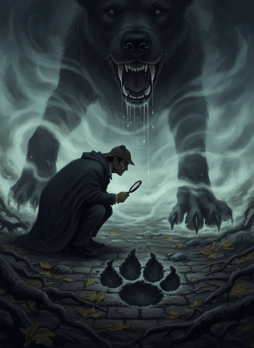 A dark, atmospheric illustration of Sherlock Holmes wearing a deerstalker hat, holding a magnifying glass, crouching to examine a large footprint on the ground. Behind him looms an enormous hound, so massive that only its forepaws and the tip of its muzzle and dripping jaws are visible in the frame. Saliva drips from its teeth. Misty, moody gothic atmosphere, dark tones.