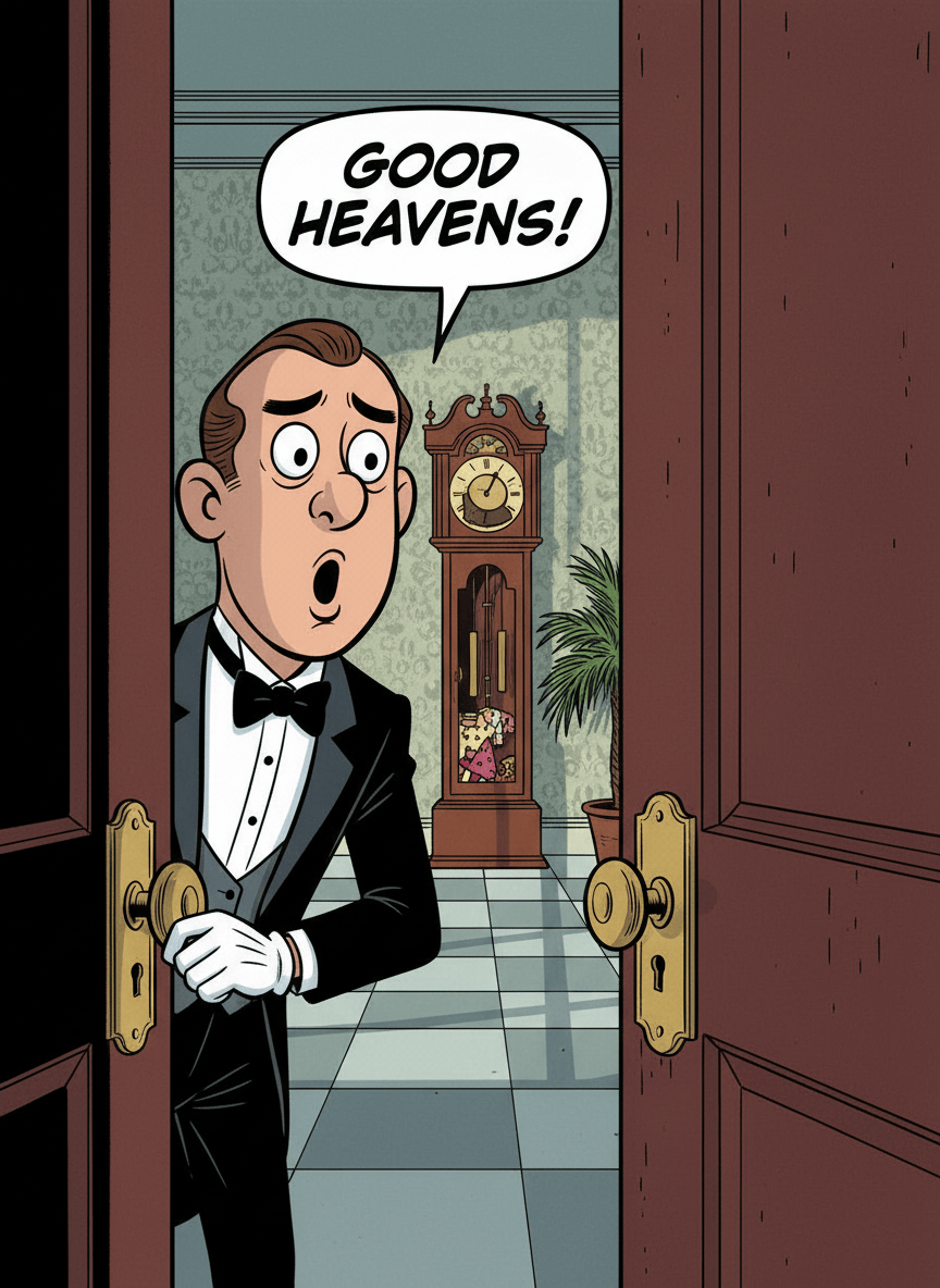 A humorous cartoon illustration of a surprised butler peering through the keyhole of a firmly locked closed door. Show the keyhole clearly in the foreground and the butler looking through it from the hallway, with an astonished expression. Remove the rubber unicorn entirely. Keep the scene playful and suitable for a witty limerick illustration; do not show anything explicit.