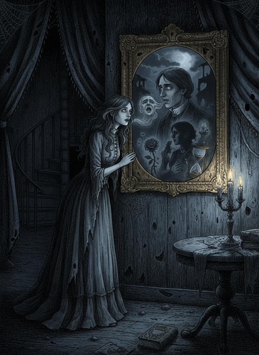 A dark gothic illustration inspired by this limerick: A maiden once whispered in gloom, To a portrait that hung in her room, It sighed in reply, With a soul’s mournful cry — Foretelling her love and her doom. Depict a young maiden in a dim candlelit room facing an ancient haunted portrait whose painted figure seems to whisper back; the mirror-like portrait subtly reveals a doomed romantic fate. Victorian gothic atmosphere, melancholic, eerie, richly detailed, deep shadows, muted charcoal, midnight blue and crimson accents, no text, no lettering.