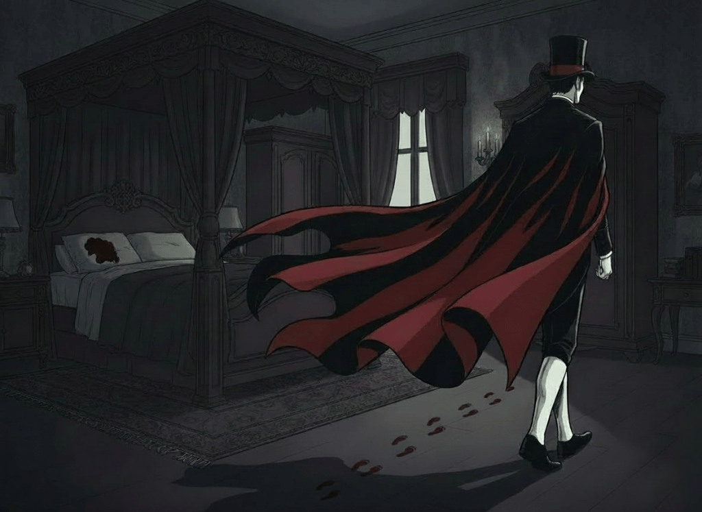 Edit the existing Victorian bedroom image. Keep the departing Victorian gentleman, his spats, tall cylinder hat, red-lined cape, and the dim bedroom unchanged. Move the subtle, non-graphic bloody footprints so they form a clearly aligned trail directly behind the gentleman's feet as he exits on the right side of the image. Keep the blood non-graphic and atmospheric, with no body or visible injury.