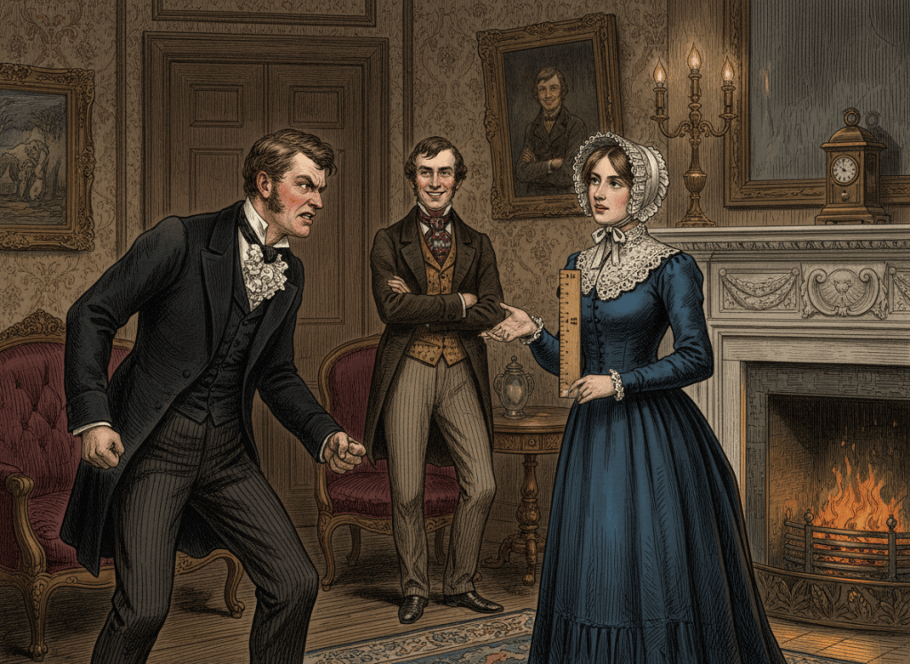 A non-graphic Victorian domestic confrontation: an angry husband faces his wife, who grips a 12-inch ruler by one end and holds it upright in front of him. She gestures over her shoulder toward his brother, who stands in the background with a clearly smug, self-satisfied expression. Period clothing, dramatic interior lighting, atmospheric historical illustration, no injury or violence shown.