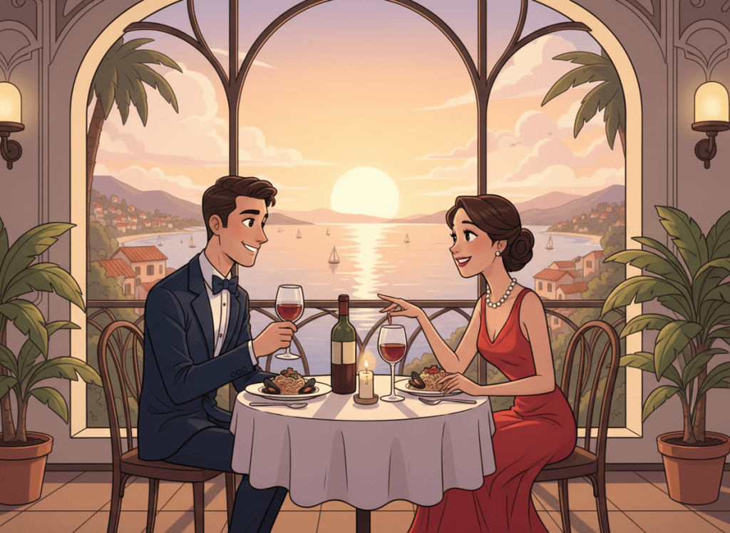 A charming sophisticated cartoon illustration of two people dining tête-à-tête at a small table in an elegant seaside bistro, enjoying a romantic meal and wine, with a beautiful panoramic bay view behind them. Warm evening light, expressive but tasteful characters, gentle whimsy, polished editorial illustration style, no text, no logos.