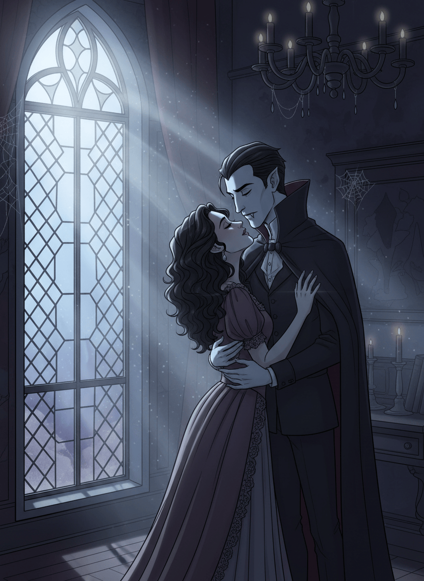A tasteful gothic cartoon illustration of two clearly adult people. A vampire stands directly behind a woman with his arms gently around her waist, leaning close and about to kiss her throat. She appears enraptured and receptive to his seductive attention. His visible fangs gleam dramatically in the moonlight, with a bright lens flare catching on the fangs. Moonlight streams through an open window, creating an atmospheric, romantic gothic scene. Non-graphic, elegant, cinematic composition, no blood or injury.