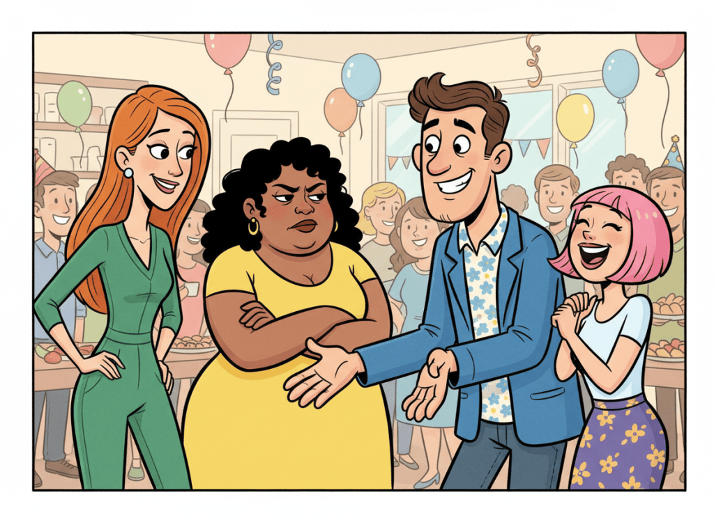 A playful cartoon illustration of an adult young man charmingly trying to chat up three adult women at a lively social gathering. The three women have clearly distinct heights and body types: one is tall and slim, one is plus-size, and one is petite. They have expressive, varied reactions—amused, skeptical, and entertained—while the man gestures confidently. Warm humorous tone, colorful editorial cartoon style, tasteful and non-sexual, no text.