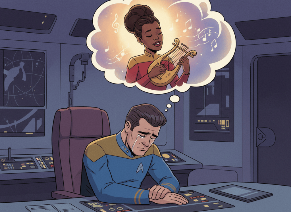 A tasteful, expressive cartoon illustration inspired by classic space-opera fan art: an adult starship captain named Kirk sits at a desk with his head bowed toward his chest, softly weeping. Above him, a thought cloud shows a fond memory of an adult communications officer named Uhura playing a small lyre and singing serenely. The scene is wistful and melancholic, with subtle futuristic details, warm memory colors inside the thought cloud, and a darker cool-toned office around Kirk. Do not imitate any specific actor's likeness; use original character designs while retaining the general classic space-opera atmosphere.