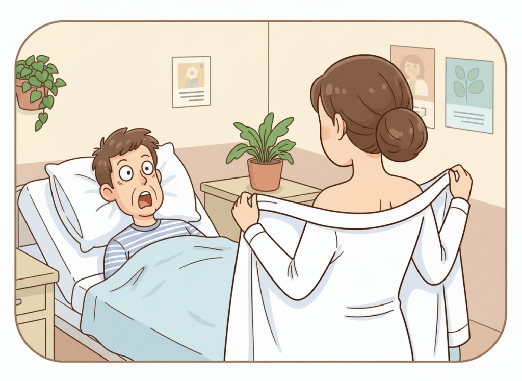Edit the existing cartoon illustration while preserving the same composition: an adult patient lies in bed looking surprised, and an adult nurse is shown from behind facing the patient, holding her blouse wide open with both hands. Remove the vest completely and show her bare shoulders, while keeping the scene modest, non-explicit, and cartoon-like. Do not show breasts, nipples, or nudity.