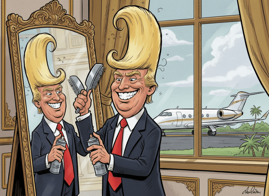 A satirical editorial cartoon of Donald Trump checking and grooming his distinctive blond quiff in a full-length mirror, with an exaggerated confident grin. His private jet stands in the background on a runway, clearly visible but secondary. Bold expressive cartoon linework, humorous composition, polished coloring, no text, no captions, no logos.