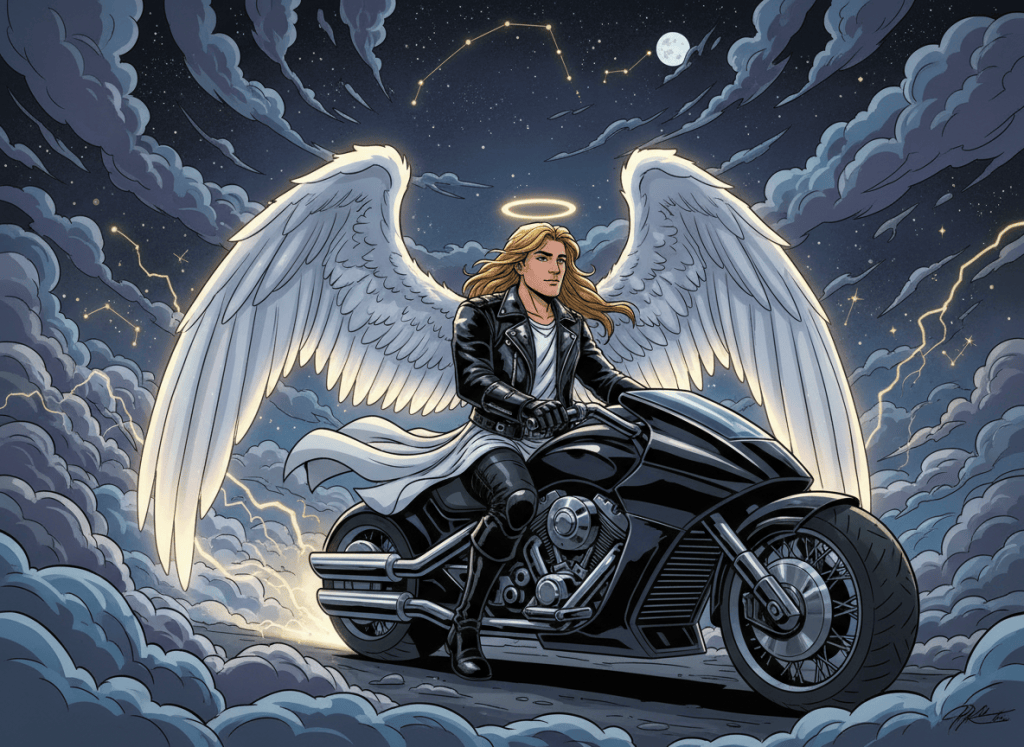 A dramatic, polished cartoon illustration of a heavenly angel wearing a black leather jacket and riding a sleek black motorcycle. The angel has luminous white wings, a serene but confident expression, and a subtle celestial glow. Dark cinematic background, high contrast, detailed comic-book style, no text, no logos.