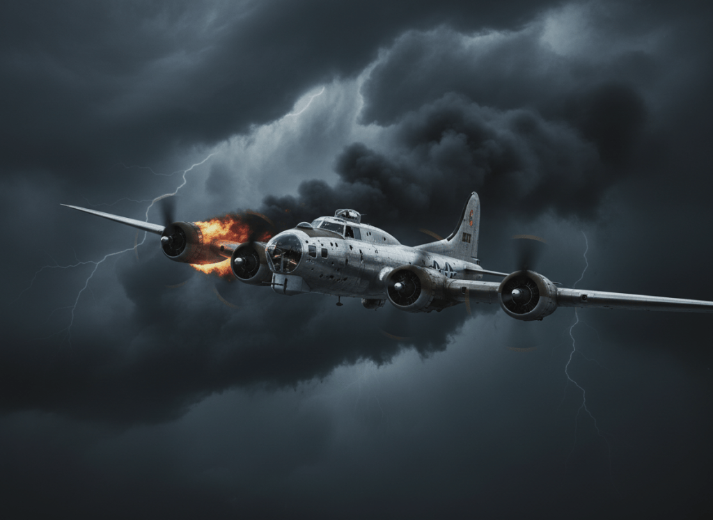 A dramatic cinematic WWII B-17 Flying Fortress bomber fading into vast inky-black storm clouds. One engine is stopped and dark, one engine is visibly burning with flames and smoke, while the other two engines appear to function correctly. The aircraft is heavily scarred with bullet holes, especially around the cockpit. Moody high-contrast wartime aviation scene, realistic historical aircraft details, turbulent clouds, somber dark atmosphere, no text, no gore.