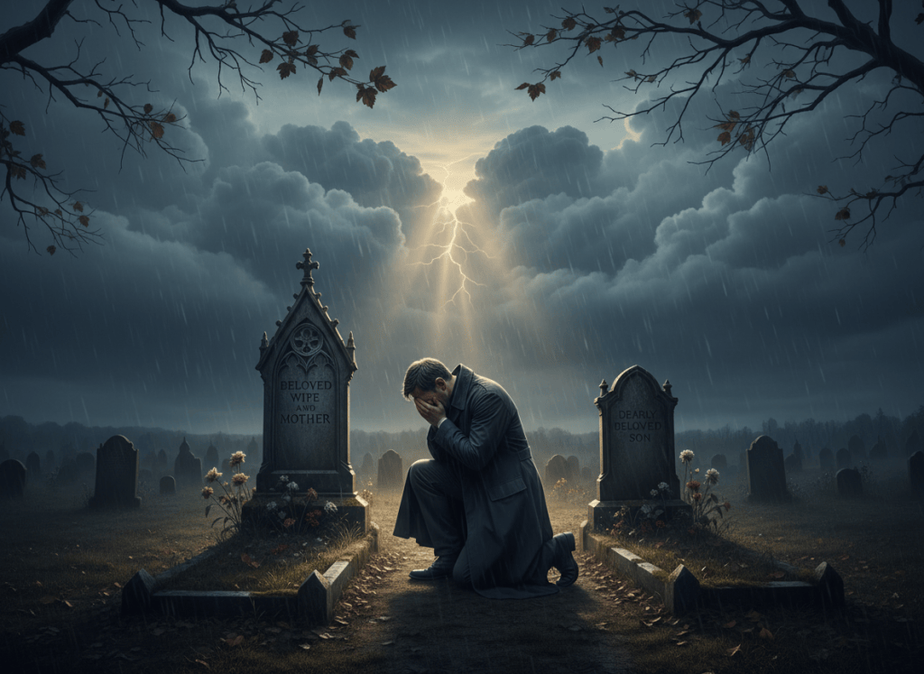 A somber, cinematic gothic scene: an adult man kneeling and weeping beside two weathered graves in a quiet cemetery, his grief conveyed respectfully and non-graphically. One gravestone is clearly engraved: “Beloved Wife and Mother”. The other gravestone is clearly engraved: “Dearly Beloved Son”. Overcast twilight, soft rain, muted charcoal and blue-gray tones, dramatic light breaking through clouds, realistic detailed composition, emotionally powerful, no gore, landscape orientation.