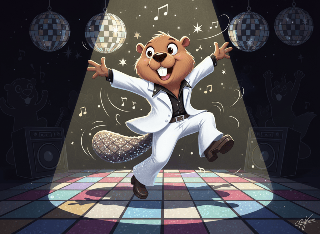 A whimsical cartoon illustration of an expressive beaver dressed in a crisp white 1970s disco suit with a flared shirt collar and black shirt, dancing energetically on a glittering dance floor in a dramatic circular spotlight. Retro disco atmosphere, dynamic pose, colorful reflections, playful detailed cartoon style, dark background beyond the spotlight.