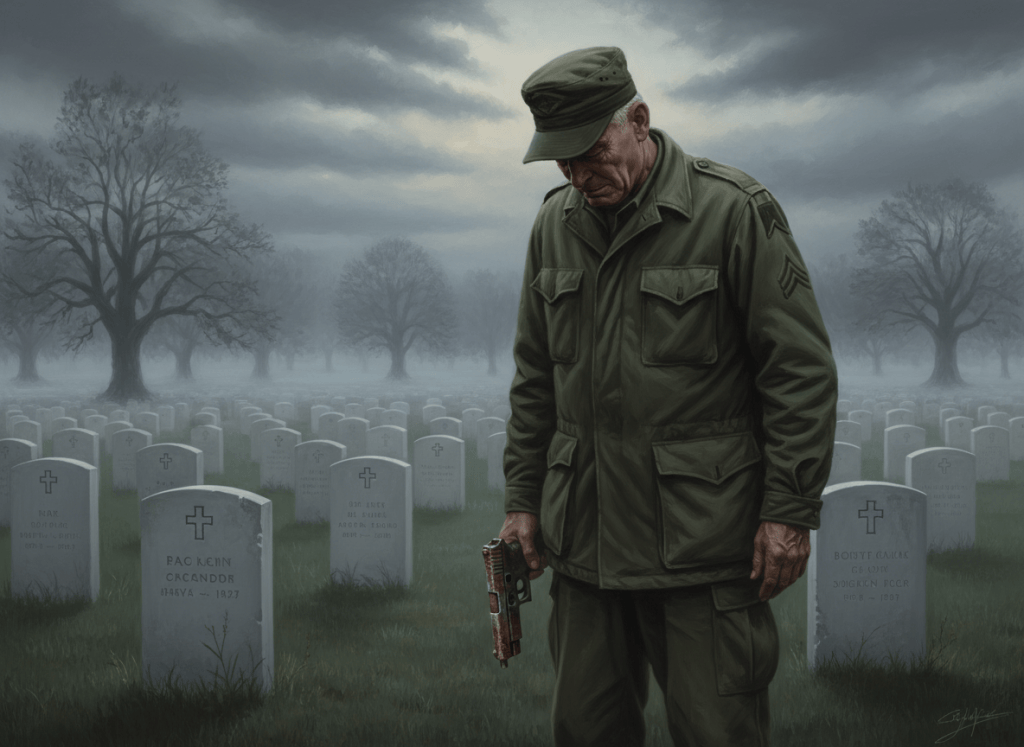 A somber cinematic dark-poetry scene: an elderly war veteran stands before a long row of weathered military graves in a misty cemetery at dusk. His head hangs low as he weeps, shoulders bowed with grief. In his right hand he loosely holds a visibly rusty, aged Glock-style pistol pointed safely downward toward the ground, not at anyone. The mood is mournful, tragic, restrained, and reflective; realistic painterly photography style, muted gray-green palette, soft fog, dramatic overcast light, no gore, no violence in progress, no text.
