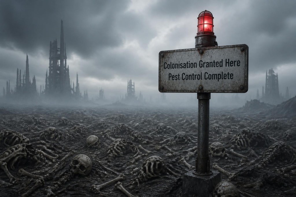 A bleak, cinematic dark-poetry scene: a vast field of human skeletons lying in disarray across a desolate wasteland. In the foreground stands a weathered metal pole topped with a flashing warning light. Attached to the pole is a stark industrial sign with the exact readable text: "Colonisation Granted HerenPest Control Complete". Somber post-apocalyptic atmosphere, cold muted colors, dramatic fog, realistic detail, no living people, no gore, landscape orientation.