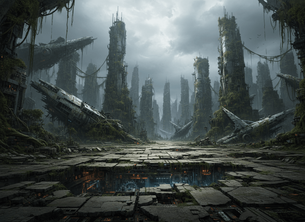 A vast, haunting dead civilisation after the fall of humanity: crumbling skyscrapers and toppled spaceships dominate the horizon, every surface overgrown with thick creepers, vines, moss, and wild vegetation. The foreground is a wide expanse of fractured paving, with subtle glimpses of long-forgotten machines and buried technology visible between the cracks. Dark atmospheric post-apocalyptic concept art, cinematic overcast light, immense scale, richly detailed decay, no people, no text.