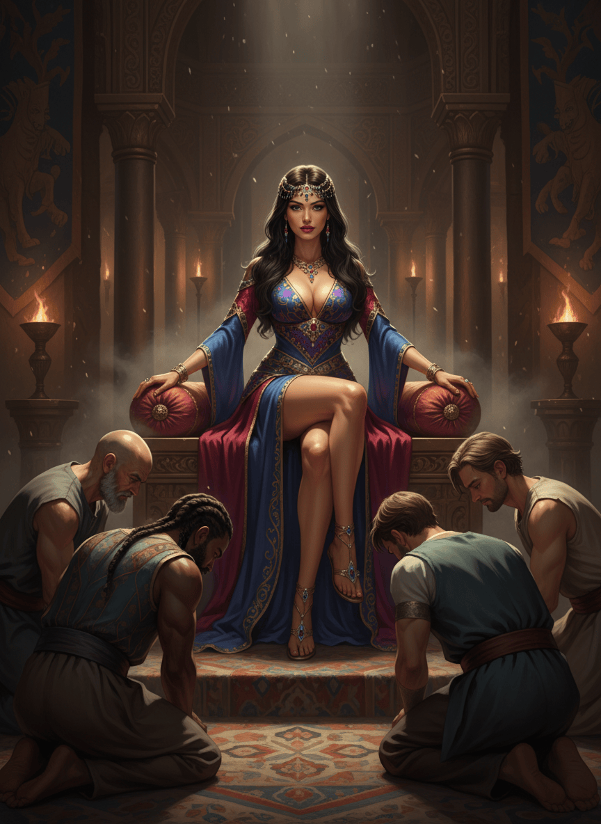 A tasteful, cinematic fantasy illustration of an adult, sexy and voluptuous woman portrayed as a confident harem queen, dressed in an ornate jewel-toned harem costume with her legs clearly bare. Several adult men kneel and grovel respectfully at her feet; each man is visibly distinct in age, facial features, hairstyle, skin tone, clothing, and body type. Dramatic dark-poetry atmosphere, luxurious palace setting, theatrical lighting, elegant rather than explicit, no nudity, no graphic sexual content.