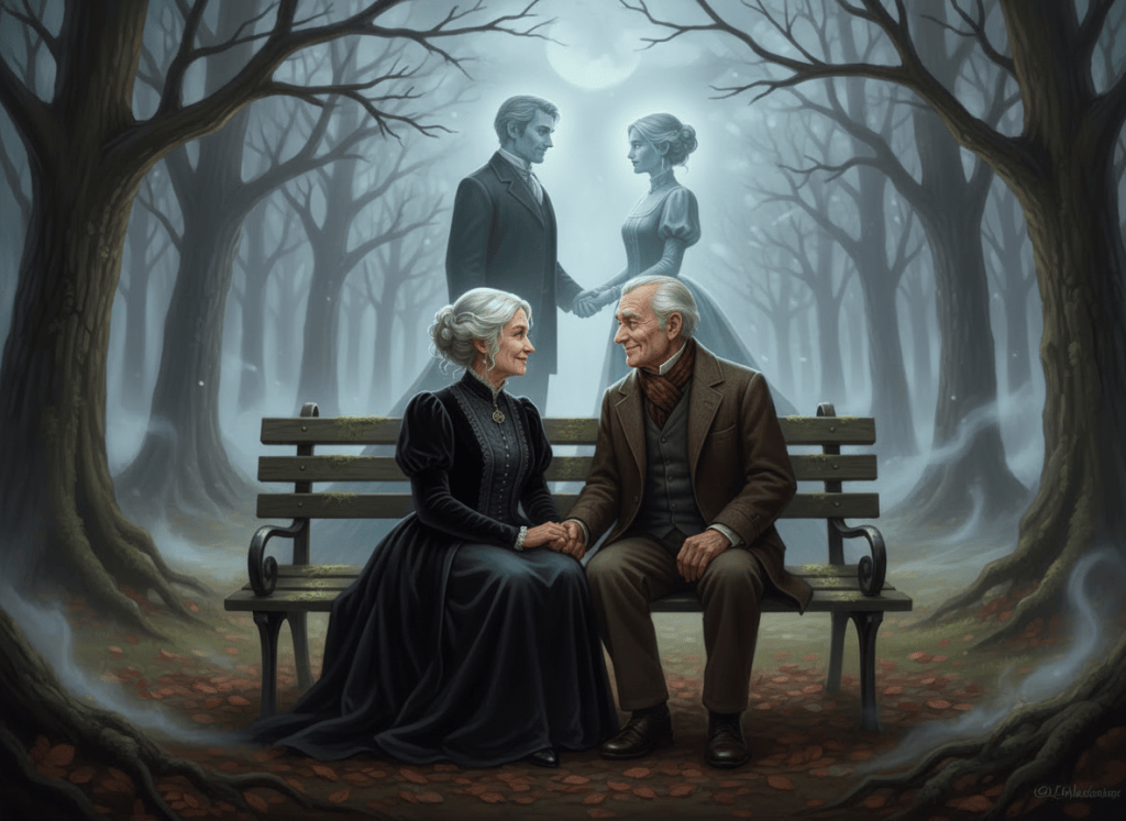 Edit the existing image while preserving the entire scene, composition, elderly couple, park bench, mood, lighting, and painterly style. Swap the positions of the two ghosts behind the living couple so that each ghost stands directly behind the living partner they were married to: the male ghost directly behind the elderly woman, and the female ghost directly behind the elderly man. Keep the ghosts holding hands and visibly in love. Do not change anything else.