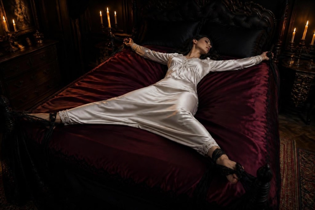 Edit the existing dark romantic image: keep the same adult woman, pose, bed, and silken lace scarves, but change her nightdress to an opaque white silk nightdress. Keep the composition and atmosphere unchanged. Do not shorten or remove the garment.