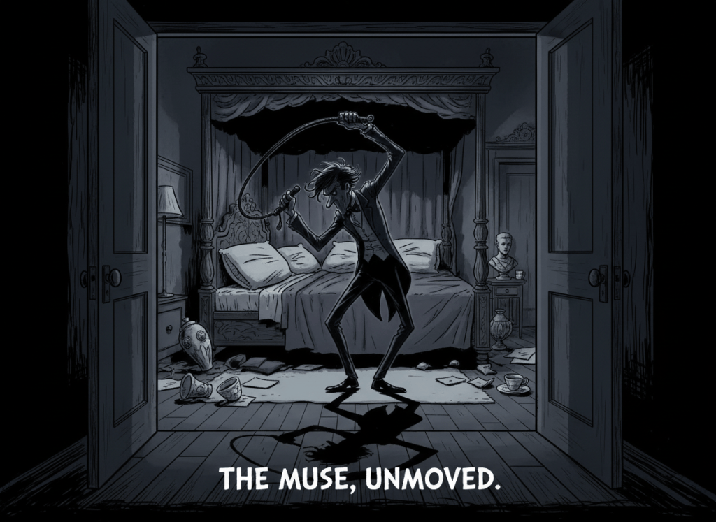 A darkly comic cartoon illustration viewed from the hallway through a partly open bedroom door. A man inside is shown in silhouette, raising a riding crop or whip toward something hidden behind the bed and out of frame; the target is completely obscured, with no visible person, nudity, injury, blood, or impact. Use dramatic chiaroscuro lighting, a suspenseful gothic-poetry mood, expressive but non-graphic body language, and a slightly absurd theatrical style. The composition should make the viewer wonder what he is striking without revealing it.