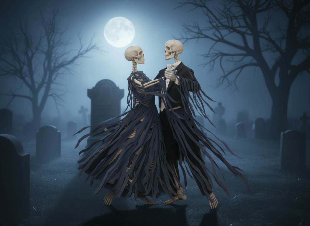 Keep the exact composition, pose, ballroom hold, skeletal dancers, skeletal feet, moonlit graveyard background, and double gravestone from the source image. Change only their clothing: make both dancers' ballroom outfits visibly old, torn, frayed, ragged, and weather-worn, with hanging strips of fabric and distressed edges. Preserve the realistic skeletal anatomy and the proper ballroom waltz hold.