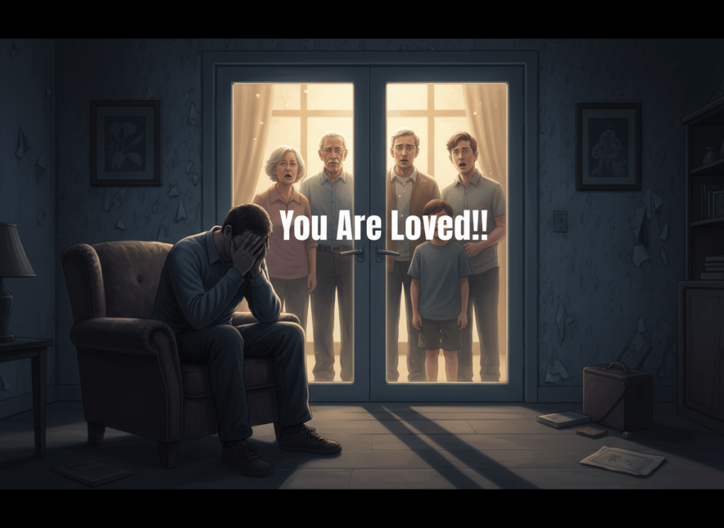 A poignant cinematic digital illustration for a dark poetry blog: a miserable adult man sits alone in a dim, sparsely furnished room with his head buried in his hands, conveying isolation and despair. Behind him, closed patio doors reveal every member of his family standing outside together, warmly lit and visibly concerned, all speaking in unison through the glass with the exact readable message: "You Are Loved!!!" Moody blue-gray interior, warm golden light outside, strong emotional contrast, tasteful and non-graphic, realistic painterly style, wide composition.