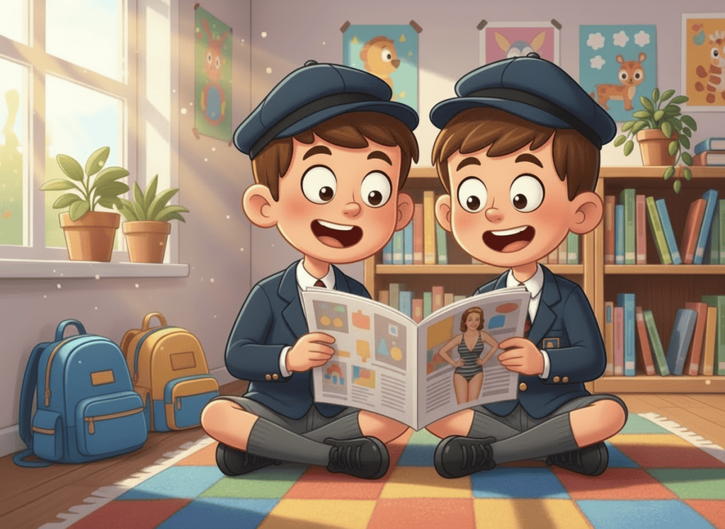 Edit the existing cartoon illustration while keeping the same two schoolboys, their classic British school uniforms and school caps, their surprised expressions, and the overall composition. Change the magazine cover so it clearly features an adult swimsuit model in a tasteful, non-sexualized vintage swimsuit, with no suggestive pose or nudity. Bright, humorous cartoon style.