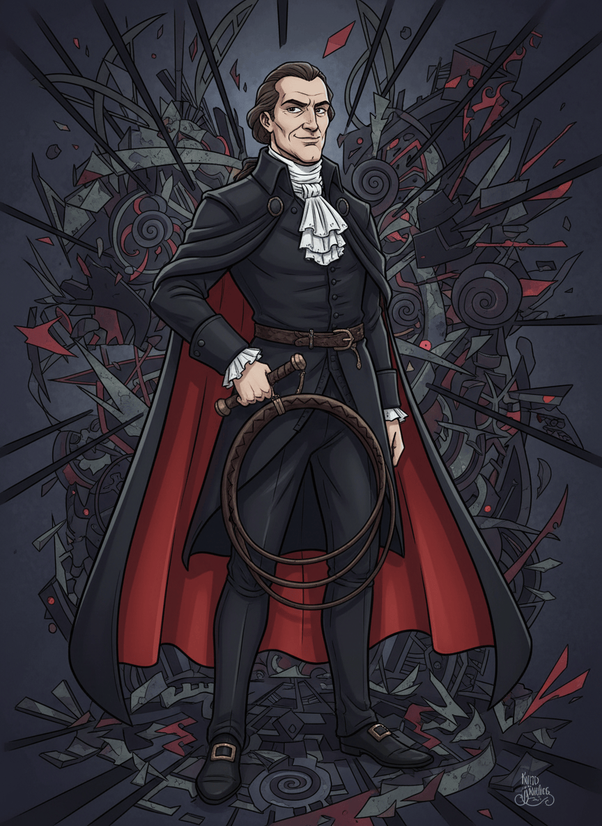 A dramatic gothic cartoon portrait of the Marquis de Sade, depicted as an adult historical literary figure wearing dark, elegant 18th-century clothing and a sweeping cape with a vivid red lining. A coiled whip is secured on his belt as a period prop. He stands confidently amid a wild kaleidoscope of sharp geometric shapes, fractured patterns, and theatrical shadows. Moody dark palette with crimson accents, surreal composition, polished illustrated style, no nudity, no sexual activity, no text.