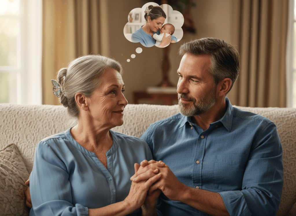 A photorealistic, emotionally tender scene: an elderly woman and her grown adult son sit side by side on a comfortable couch, holding hands. The elderly woman wears a distinctive butterfly hair clasp. Above the son is a subtle thought balloon showing a warm childhood memory of this same woman, younger but recognizable, cradling him as a small child; she wears the same distinctive butterfly hair clasp in the memory. Natural living-room lighting, authentic expressions, respectful family affection, cinematic photography, realistic skin and fabric textures. No text.