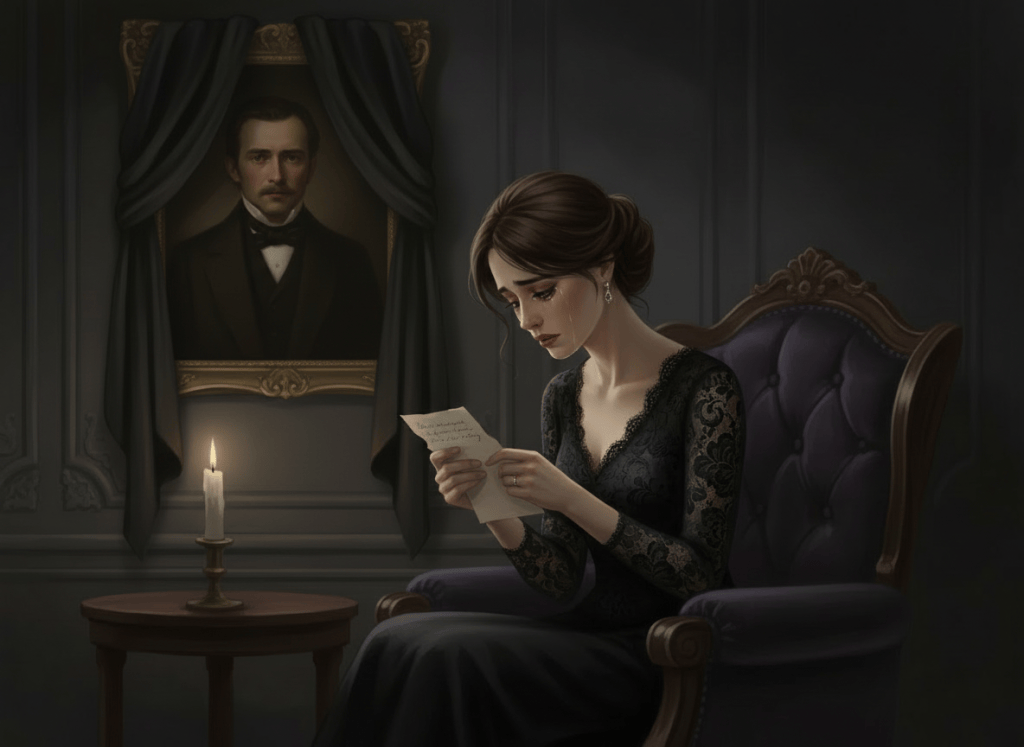 Edit the existing photorealistic scene of a sobbing widow dressed in black lace, sitting and reading a note. Keep the widow, her pose, clothing, expression, room, and all other details unchanged. Change only the black drape on the framed portrait of her late husband: place the drape across the top of the picture frame, with the fabric hanging down naturally along both sides of the frame. The portrait remains visible in the center. Tasteful, realistic mourning scene.