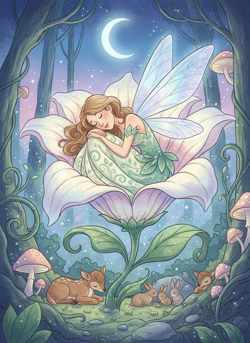 A whimsical cartoon illustration of a pretty adult fairy peacefully sleeping nestled among the open petals of a large flower. Delicate wings, enchanting woodland details, soft moonlit colors, storybook style, gentle and serene mood.