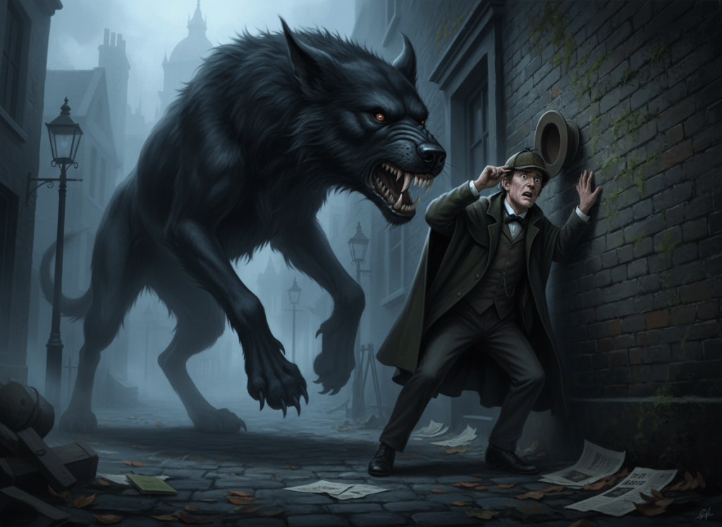 A dramatic, non-graphic gothic mystery illustration: a massive Great Hound corners Sherlock Holmes in a dim foggy Victorian London alley. Holmes looks visibly panicked and backs against a brick wall, clutching his hat and cane defensively. The hound snarls menacingly with bared teeth, looming but not attacking or biting. Moody chiaroscuro lighting, swirling mist, richly detailed Victorian atmosphere, cinematic composition, no gore, no sexual content.