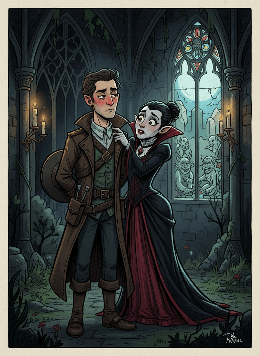 Edit the existing cartoon image while preserving the female vampire and the overall humorous scene. Make the male character clearly a teenager, with no fangs. He should look embarrassed and shame-faced about the awkward bloodless bite, with a sheepish expression and slightly flushed cheeks. Keep the pose non-sexual and avoid any focus on intimate areas. Maintain a playful, gothic-cartoon style.