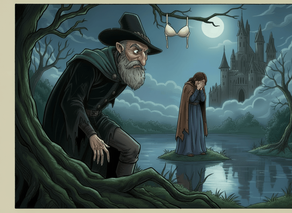 Edit the supplied cartoon lakeside scene. Remove the panties entirely. Keep the old man and the bra hanging on the right side of the tree. Restore a full beard on the old man. Add an adult woman on the island in the lake, standing with her back to the viewer, face covered in her hands, visibly crying. Keep her fully clothed in ordinary, non-revealing clothing with a slightly dishevelled appearance. Preserve the dark, atmospheric cartoon style and composition. Do not add any other underwear.