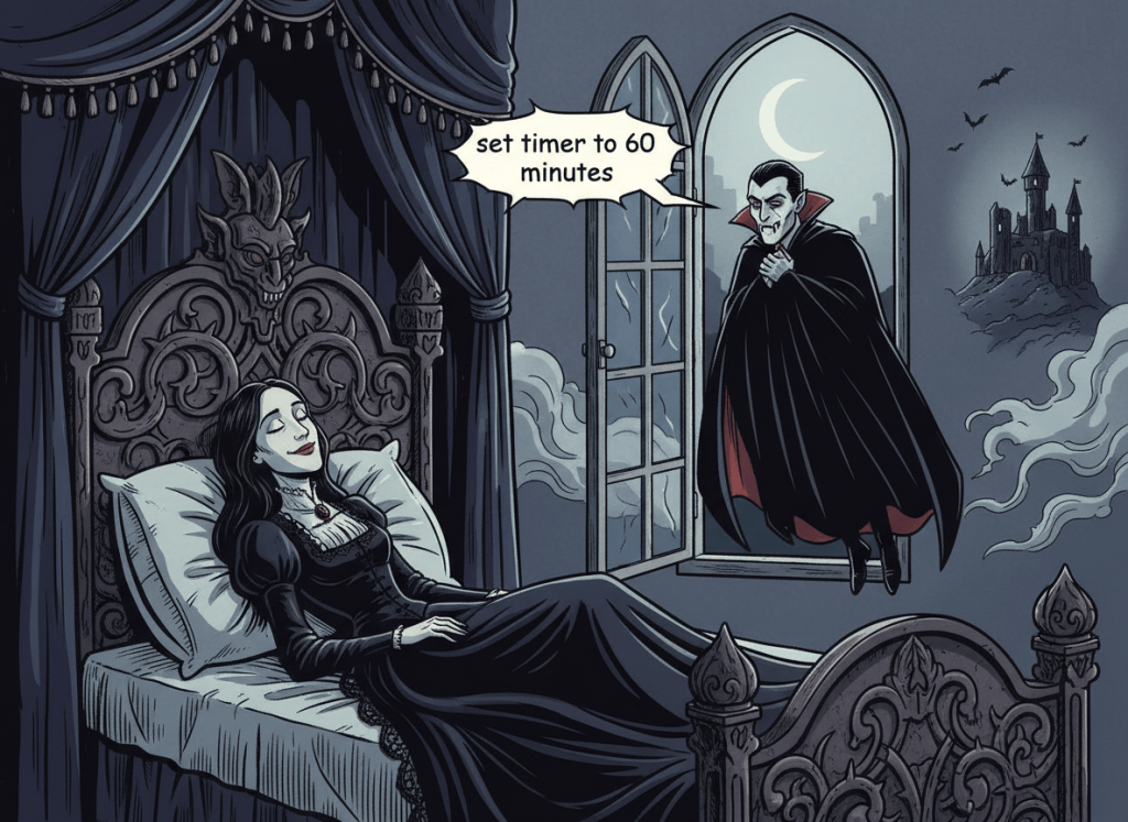 A dark gothic cartoon illustration for a Victorian limerick: an adult woman lies fully clothed on her bed looking satisfied and relaxed, while an open window beside the bed reveals Dracula looking in from outside. Dracula has a speech balloon containing exactly the words: "set timer to 60 minutes". Keep the scene tasteful, non-sexual, atmospheric, and clearly depict all characters as adults.