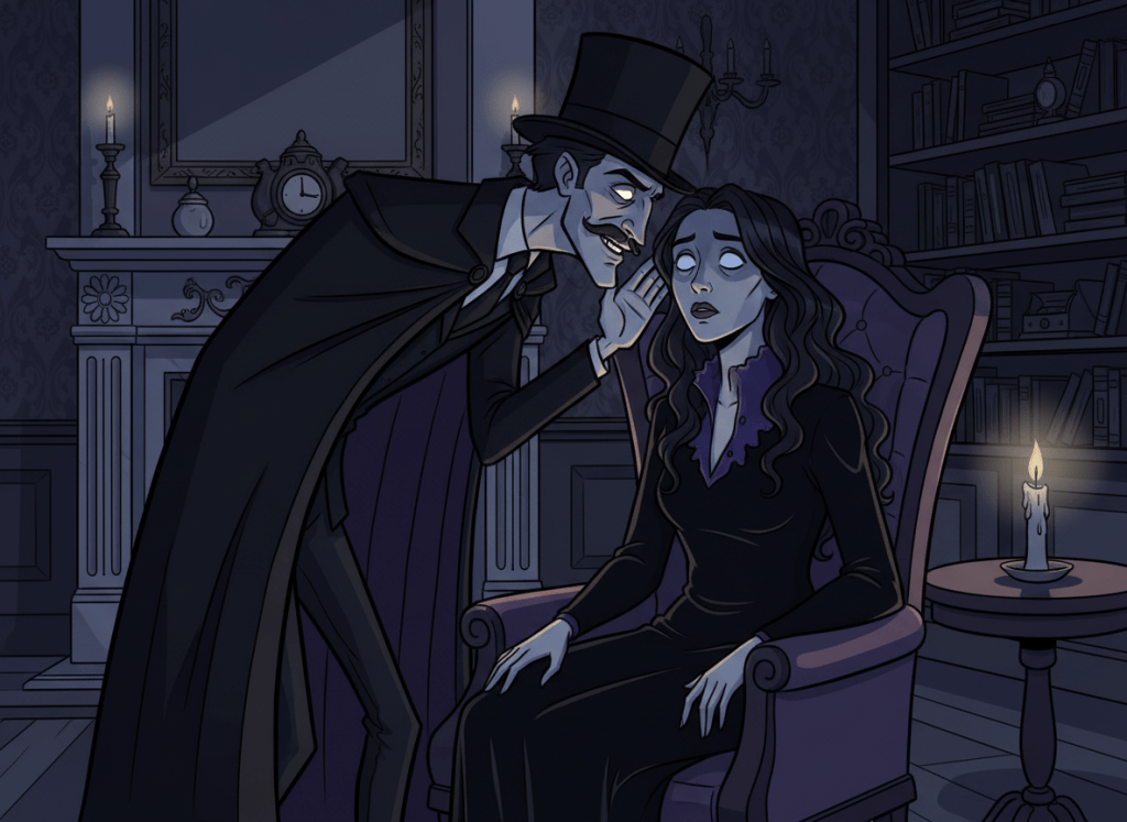 A dark gothic cartoon illustration of two clearly adult characters: a sinister hypnotist dressed in black leaning close and whispering into an adult woman's ear, while she sits slumped in a chair in a dazed, entranced pose. Her blouse is slightly undone at the collar but remains modest and fully non-explicit. Moody Victorian-inspired interior, dramatic shadows, tasteful composition, no nudity, no sexual contact.
