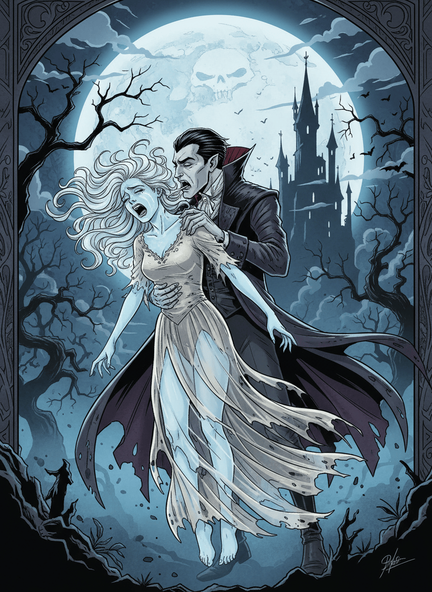 A dark gothic cartoon illustration of an unmistakably adult male vampire standing behind an unmistakably adult woman and biting gently at the side of her neck in a supernatural, non-graphic way. The woman is partially transparent like a ghost, hovering just above the ground, with her mouth open in a dramatic supernatural wail. Eerie moonlit atmosphere, flowing garments, expressive faces, no blood or gore, stylized Victorian gothic composition.