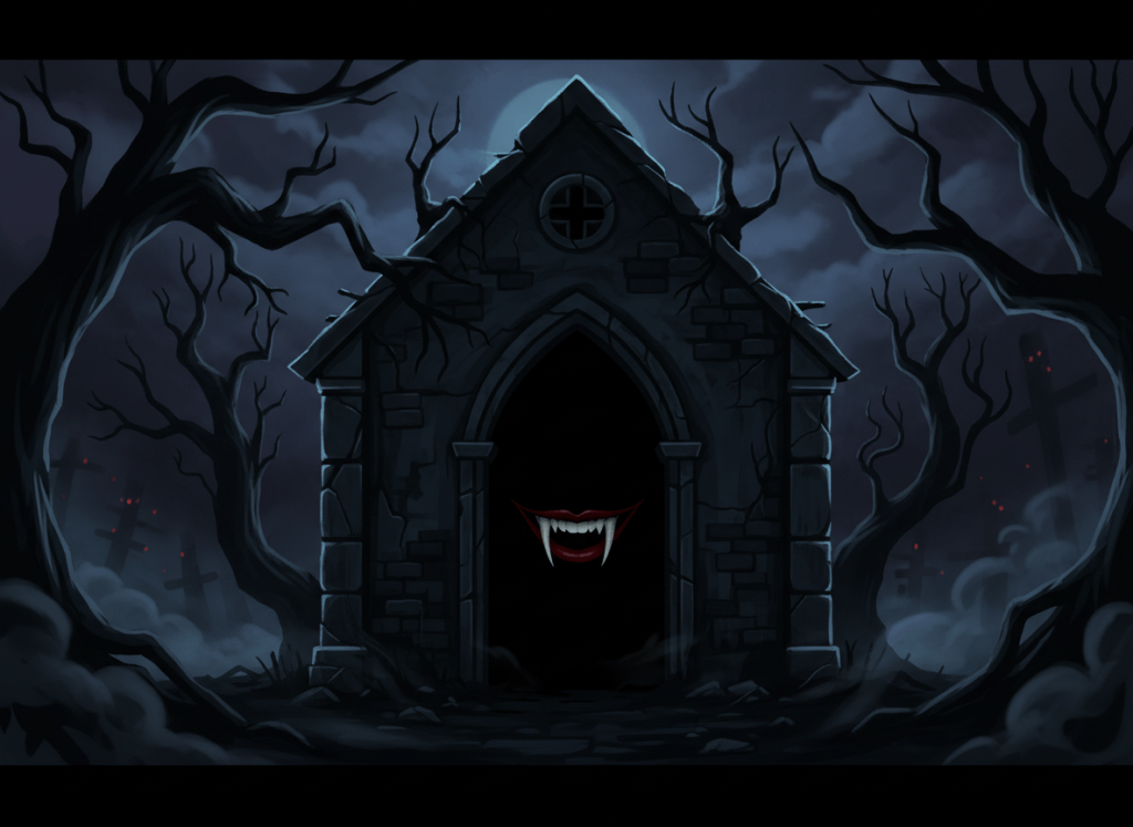A dark, spooky gothic cartoon illustration of an old abandoned chapel shrouded in deep darkness and long shadows. Within the blackness of the chapel interior, only a sinister female vampire smile is visible: pale lips tinted ruby red and sharp white fangs catching a faint glimmer of light. Eerie, atmospheric, non-graphic, no visible full face or body, cinematic composition, richly textured shadows.