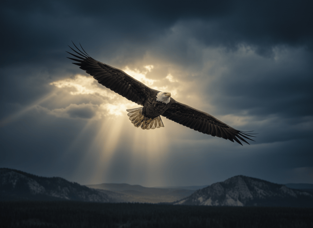 A majestic eagle soaring through a dramatic cloudy sky, powerful wings fully extended, atmospheric light breaking through storm clouds, cinematic and poetic mood, realistic fine-art photography style, no text