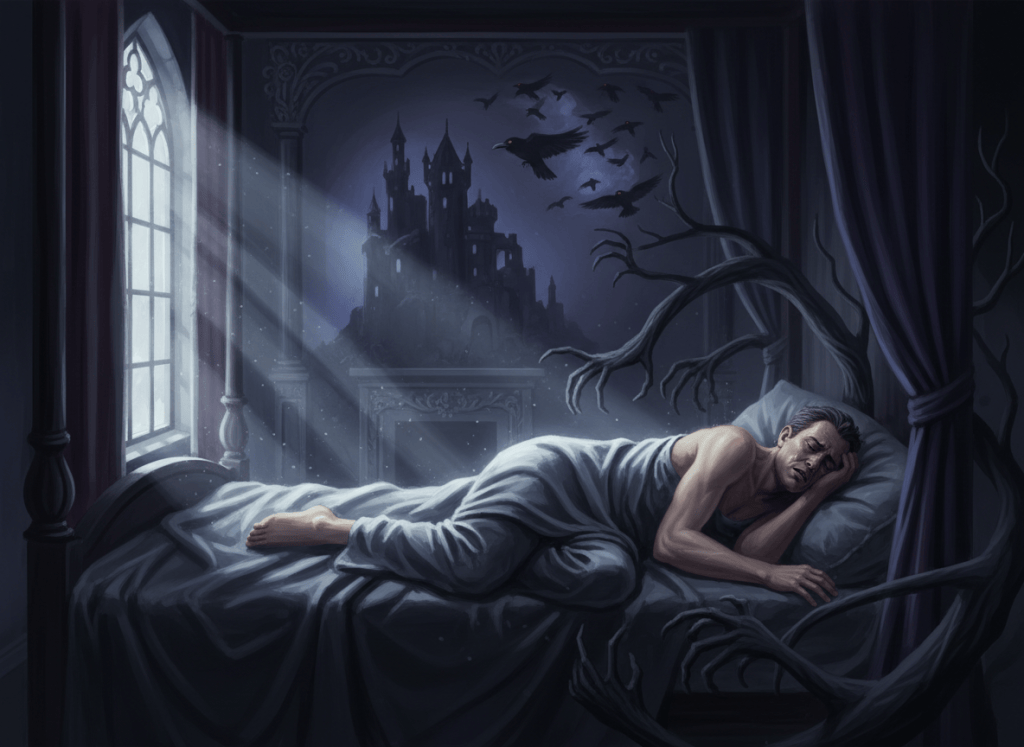 A dark, atmospheric editorial illustration of an adult man lying in bed at night, tossing and turning restlessly during a vivid nightmare. Moonlight filters through a window, rumpled sheets and tense body posture convey distress, with subtle surreal shadowy dream imagery around him. Moody gothic poetry aesthetic, cinematic composition, tasteful and non-graphic, no text.