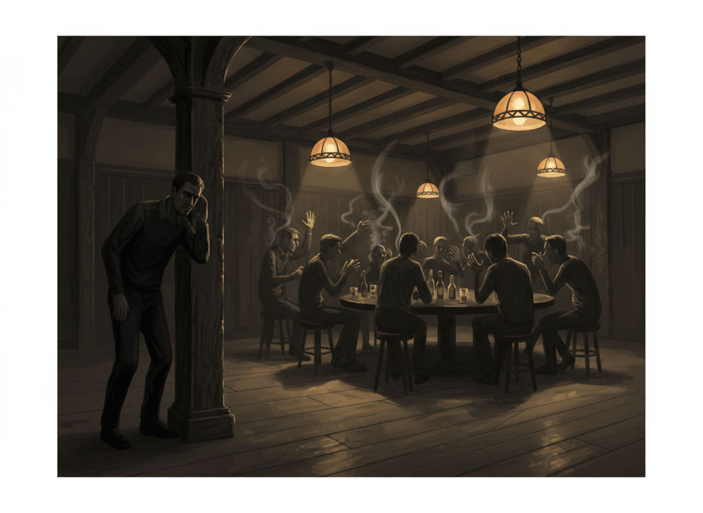 A moody cinematic editorial illustration for a dark poetry website: a solitary man in a shadowy old pub subtly eavesdropping from the edge of the room while a lively crowd gathers around a table in deep discussion. Warm amber pendant lights, dark wood, smoky atmosphere, expressive silhouettes and hushed gestures, noir mood, literary and mysterious, tasteful composition, no readable text, no logos.