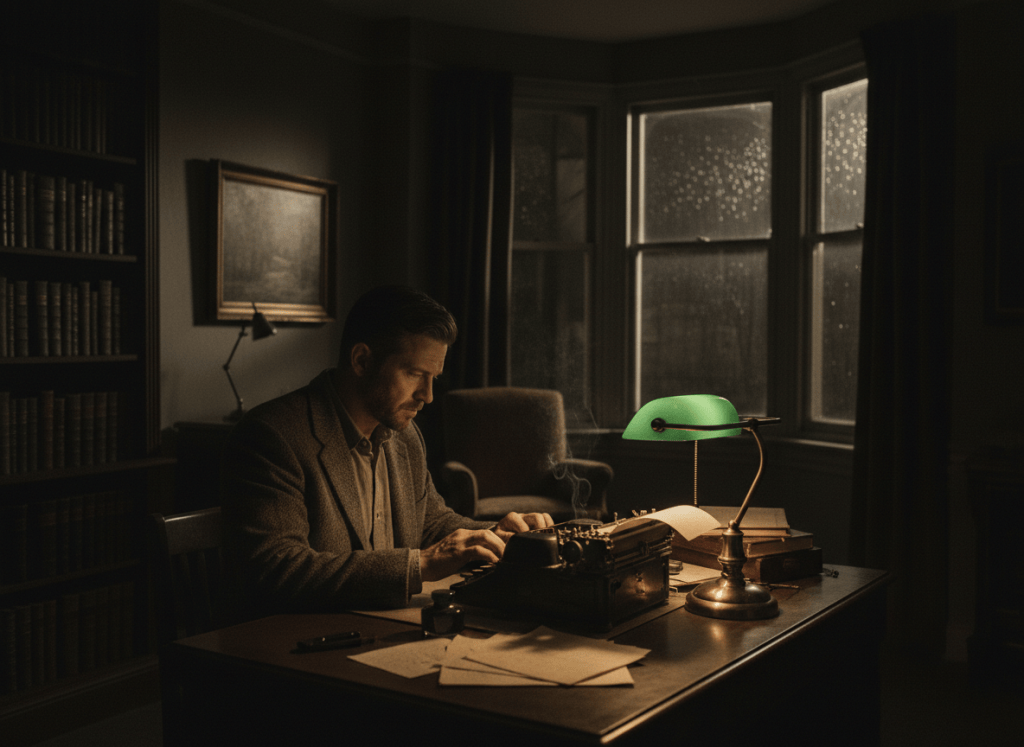 A moody cinematic scene of a solitary man in his study writing on a vintage typewriter late at night. A desk lamp casts a warm pool of light over the typewriter, papers, and ink, while the rest of the room fades into deep shadows. Atmospheric literary noir, intimate composition, realistic details, dark poetic mood.