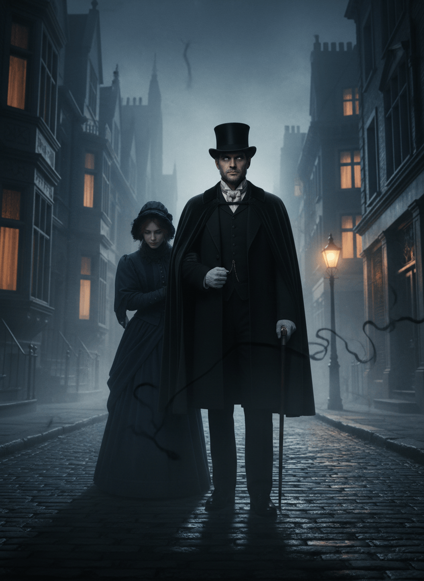 A tall, imposing man in Victorian London escorts a woman home through a foggy, gaslit street at night. He appears outwardly gentlemanly and protective, but an unmistakable evil glint shines in his eyes. Gothic atmosphere, period clothing, wet cobblestones, dramatic shadows, cinematic composition, dark literary mood, no gore.