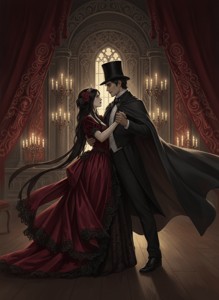 A dramatic gothic-romantic scene of an adult Goth princess dancing closely with a tall, dark-haired man wearing a black top hat and sweeping cape. Victorian ballroom atmosphere, candlelight, deep crimson and charcoal tones, ornate shadows, elegant period clothing, mysterious chemistry, cinematic fine-art illustration, non-explicit.