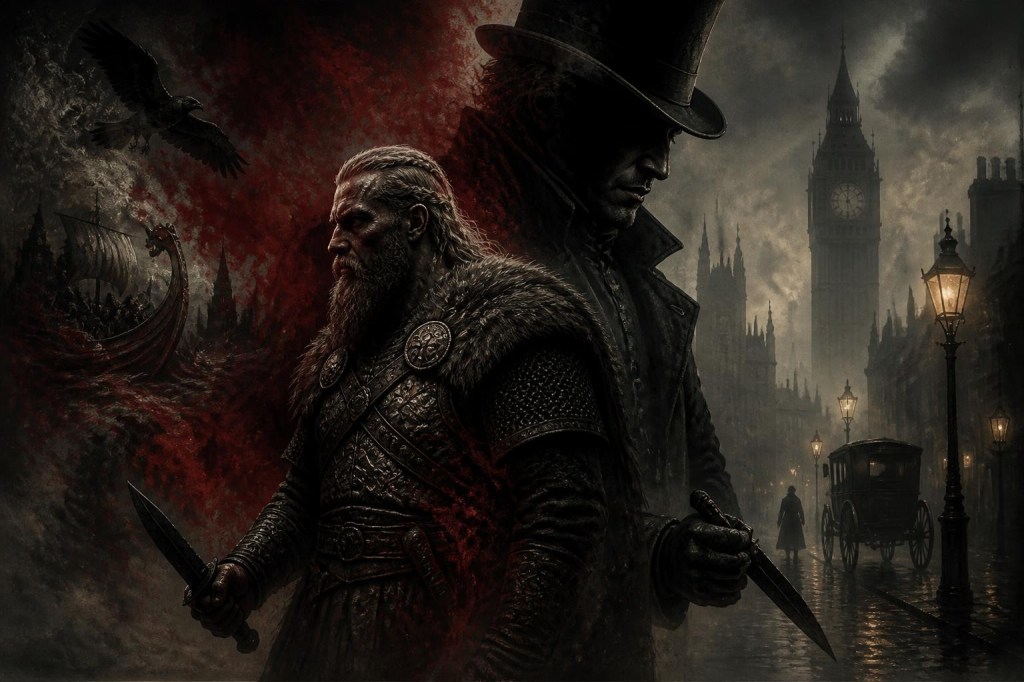 A dark Gothic Victorian-horror composite illustration: an ancient Viking warrior in weathered armor stands in the foreground, his image artistically overlaid and interwoven with the ominous outline of Jack the Ripper in a top hat and coat. Both figures hold a black knife, presented as a symbolic, non-graphic silhouette motif. Moody chiaroscuro lighting, fog, black and crimson atmosphere, intricate period detail, haunting literary poster style, no gore, no text.