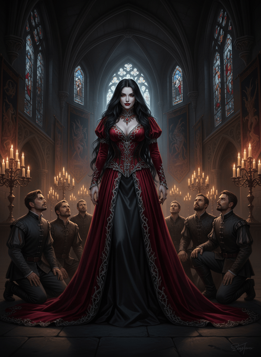 A tall, elegant adult vampire woman with an alluring but tasteful fantastic figure, very long black hair, pale porcelain skin, ruby-red lips, and a captivating smile revealing elongated vampire fangs. Several adult men kneel on a gothic stone floor before her, gazing up at her in awe and adoration. Dramatic romantic Gothic atmosphere, candlelit castle interior, rich crimson and black palette, ornate shadows, cinematic fantasy portrait, sophisticated and non-explicit, no nudity.