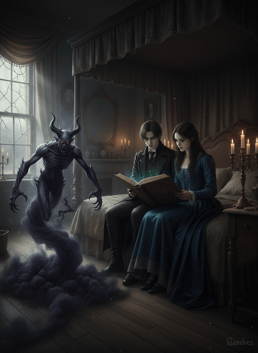 A dark gothic fantasy scene: a brother and sister sitting together on a bed in a dim old bedroom, reading an ancient leather-bound book of magic. They are fully clothed, shown as young adults, with a respectful sibling distance. A translucent demonic figure begins forming from a swirling cloud of smoke in the room, with eerie eyes and curling shadowy shapes. Moonlight through a window, dramatic candlelit atmosphere, haunted Victorian interior, cinematic composition, richly detailed, no text.