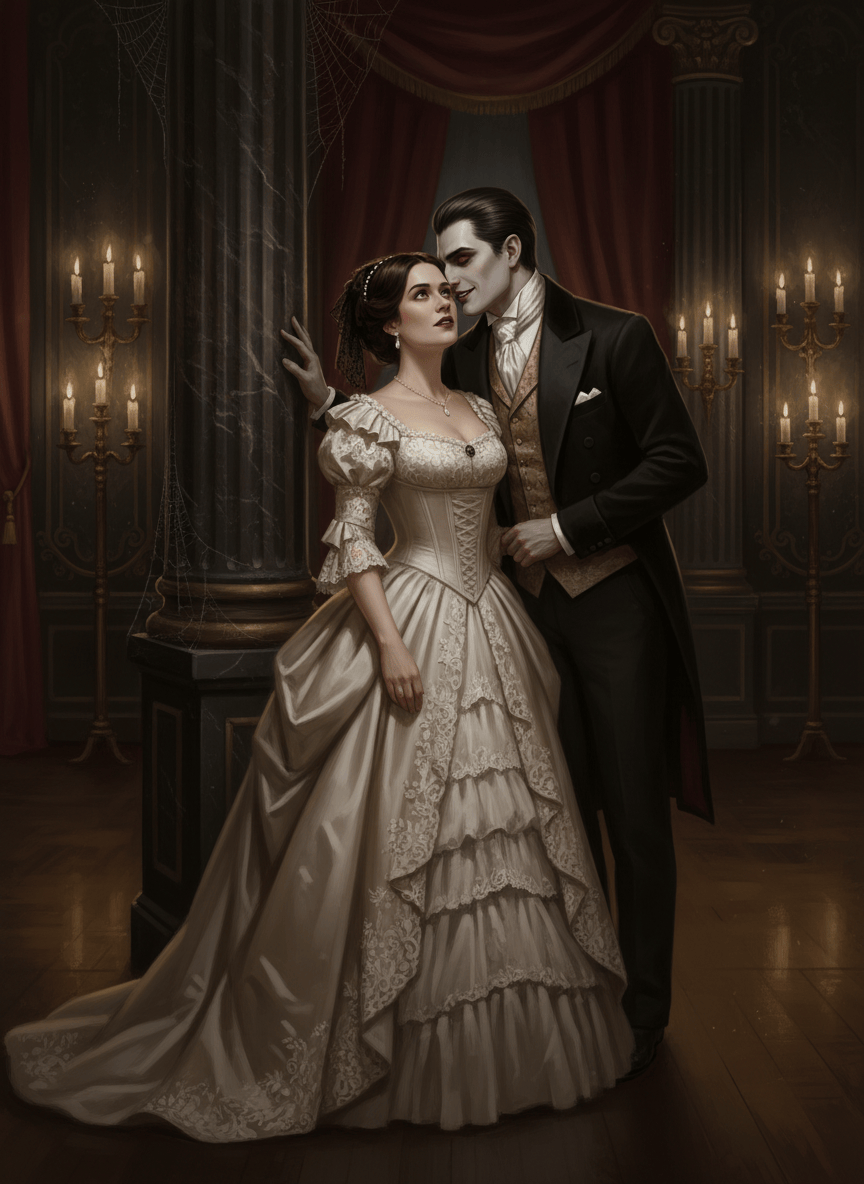 A dark gothic Victorian scene: an adult Victorian debutante in an elegant ivory ball gown stands beside a grand marble column while a sophisticated male vampire leans close, seductively whispering to her. She appears captivated but fully clothed and composed. Candlelit ballroom atmosphere, deep shadows, antique textures, dramatic chiaroscuro, romantic supernatural tension, richly detailed, cinematic Gothic illustration, no explicit nudity or sexual contact.