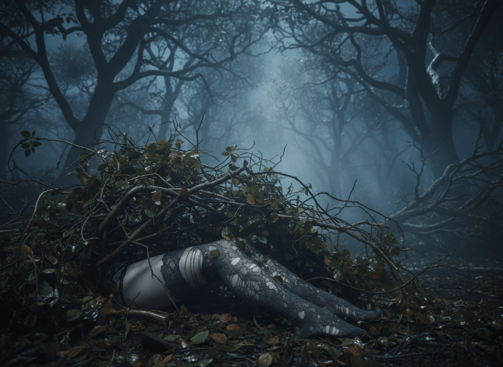 A dark, atmospheric gothic scene in a dense woodland: an overgrown bush in the foreground with a pair of adult female feet protruding from beneath it, shown only from the ankles down and partially obscured by foliage. Torn stockings, damp leaves, mist, muted moonlight, poetic and eerie, non-graphic, no visible injuries or blood, cinematic composition.