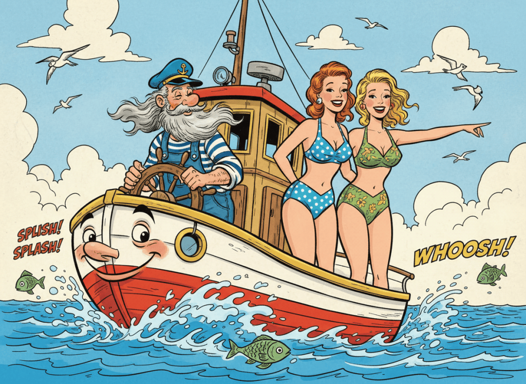 A whimsical cartoon illustration of a passenger ferry boat on the water, steered at the wheel by an older, weathered sailor with a grey beard and captain's cap. At the bow stand two clearly adult women wearing tasteful bikinis, enjoying the sea breeze and looking out over the water. The sailor is looking toward them with a friendly, admiring expression, not leering. Playful vintage comic style, expressive faces, colorful, non-explicit, no nudity.