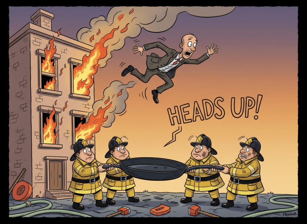 A whimsical cartoon scene: a man leaps safely from a burning building while firefighters below hold an oversized frying pan instead of a rescue blanket to catch him. Comedic, non-graphic slapstick action, expressive characters, bright editorial cartoon style, no injuries or visible flames touching people.