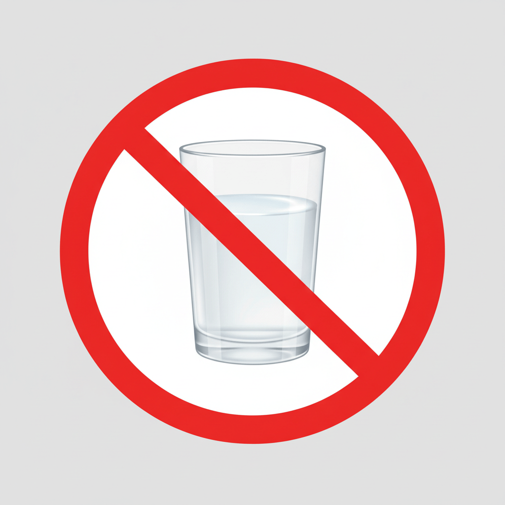A clean traffic sign icon: a perfectly round circular sign with a white interior/background, a bold red outer edge, and a bold red diagonal line crossing through the middle. In the center, show a clear realistic glass of water, neatly contained inside the circle. Flat graphic design, crisp vector-like edges, high contrast, no text, no extra symbols, centered composition.